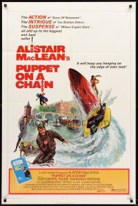 3s634 PUPPET ON A CHAIN 1sh '72 Alistair MacLean novel, Sven-Bertil Taube, great boat chase art!
