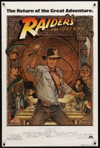 3s639 RAIDERS OF THE LOST ARK 1sh R82 great art of adventurer Harrison Ford by Richard Amsel!