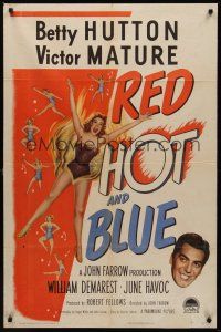 3s651 RED, HOT & BLUE style A 1sh '49 sexy dancer Betty Hutton in skimpy outfit, Victor Mature