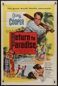 3s662 RETURN TO PARADISE 1sh '53 art of Gary Cooper, from James A. Michener's story!