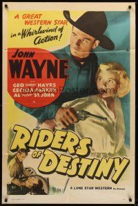 3s672 RIDERS OF DESTINY 1sh R47 John Wayne in a whirlwind of action, Cecilia Parker!