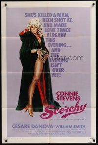 3s712 SCORCHY 1sh '76 full-length art of sexiest barely-dressed Connie Stevens in black cape!