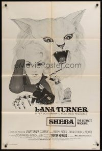 3s736 SHEBA 1sh '74 Persecution, cool artwork of Lana Turner & giant angry cat!