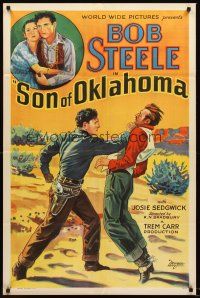 3s780 SON OF OKLAHOMA 1sh '32 great stone litho art of Bob Steele punching out bad guy!