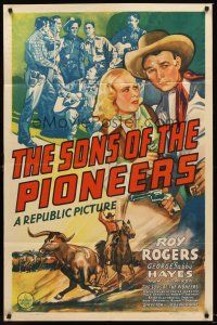 3s786 SONS OF THE PIONEERS 1sh '42 cool art of Roy Rogers, Bob Nolan & pretty Maris Wrixon!