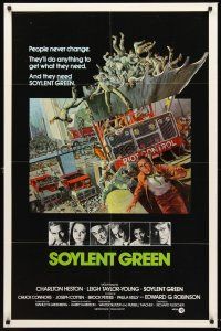 3s789 SOYLENT GREEN 1sh '73 art of Charlton Heston trying to escape riot control by John Solie!