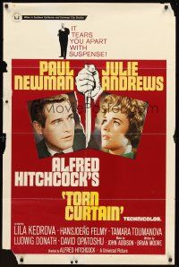 3s893 TORN CURTAIN 1sh '66 Paul Newman, Julie Andrews, Alfred Hitchcock tears you apart w/suspense!