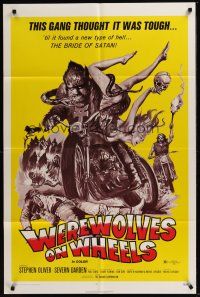 3s954 WEREWOLVES ON WHEELS 1sh '71 great artwork of wolfman biker on motorcycle by Joseph Smith!