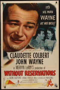 3s984 WITHOUT RESERVATIONS style A 1sh R53 he-man John Wayne at his best, Claudette Colbert!