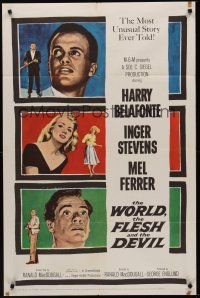 3s991 WORLD, THE FLESH & THE DEVIL 1sh '59 Inger Stevens between Harry Belafonte & Mel Ferrer!