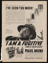 3t325 I AM A FUGITIVE FROM A CHAIN GANG magazine ad '32 convict Paul Muni has seen too much!