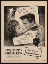 3t327 LETTER FROM AN UNKNOWN WOMAN magazine ad '48 romantic art of Joan Fontaine & Louis Jourdan!