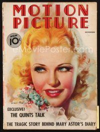 3w091 MOTION PICTURE magazine November 1936 wonderful art of beautiful Ginger Rogers by Zoe Mozert!
