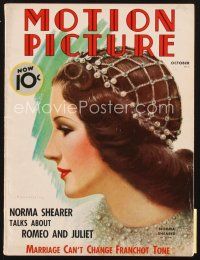 3w090 MOTION PICTURE magazine October 1936 artwork of beautiful Norma Shearer by Charles Sheldon!