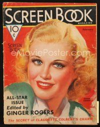 3w138 SCREEN BOOK magazine February 1936 artwork portrait of Ginger Rogers by Zoe Mozert!
