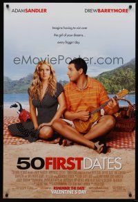 3y015 50 FIRST DATES advance 1sh '04 wacky Adam Sandler & Drew Barrymore on beach!