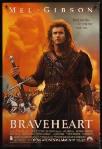 3y109 BRAVEHEART advance 1sh '95 cool image of Mel Gibson as William Wallace!