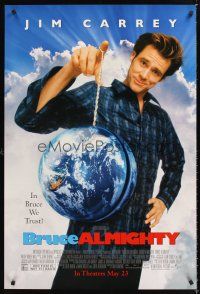 3y113 BRUCE ALMIGHTY advance 1sh '03 Jim Carrey in title role with the world on a string!
