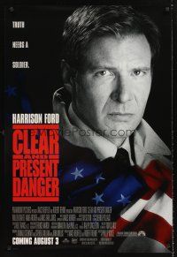 3y165 CLEAR & PRESENT DANGER advance DS 1sh '94 great portrait of Harrison Ford and American flag!