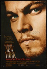 3y377 GANGS OF NEW YORK advance 1sh '02 Martin Scorsese, close-up of Leonardo DiCaprio!