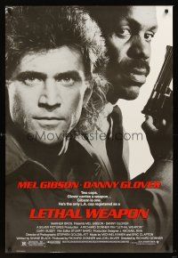 3y528 LETHAL WEAPON 1sh '87 great close image of cop partners Mel Gibson & Danny Glover!