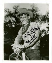 3z474 WILL HUTCHINS signed 8x10 publicity still '60s close up on horseback from Sugarfoot!