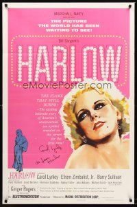 3z155 HARLOW signed 1sh '65 by Carol Lynley, who played The Blonde Bombshell!
