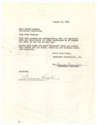 3z143 MIRIAM HOPKINS signed contract August 13, 1934 accepting termination of Paramount contract!