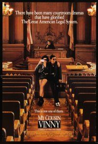 3z291 MY COUSIN VINNY signed 1sh '92 by Joe Pesci, who's in courtroom with sexy Marisa Tomei!