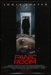3z296 PANIC ROOM signed DS advance 1sh '02 by Jodie Foster, creepy image of her with shadowy figure!