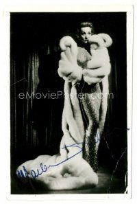 3z191 MARLENE DIETRICH signed 3.75x5.5 card '70s full-length portrait in glamorous fur coat!