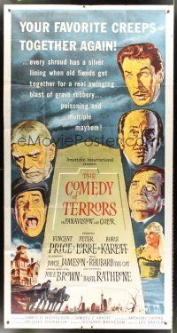 4a381 COMEDY OF TERRORS 3sh '64 Boris Karloff, Peter Lorre, Vincent Price, Joe E. Brown, Tourneur