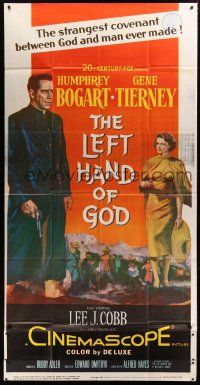 4a424 LEFT HAND OF GOD 3sh '55 artwork of priest Humphrey Bogart holding gun + sexy Gene Tierney!