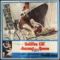 4a505 ASSAULT ON A QUEEN 6sh '66 art of Frank Sinatra w/pistol & sexy Virna Lisi on submarine deck!