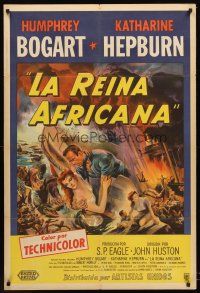 4a729 AFRICAN QUEEN Argentinean '52 colorful montage art of Humphrey Bogart & Katharine Hepburn!