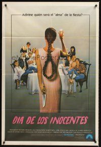 4a738 APRIL FOOLS DAY Argentinean '86 wacky horror, great image of girl with knife & noose hair!
