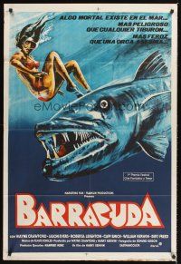4a742 BARRACUDA Argentinean '78 great artwork of huge killer fish attacking sexy diver in bikini!