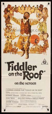 4b214 FIDDLER ON THE ROOF Aust daybill '71 cool artwork of Topol & cast by Ted CoConis!