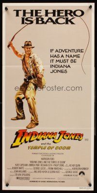 4b261 INDIANA JONES & THE TEMPLE OF DOOM Hero is Back style Aust daybill '84 art of Harrison Ford, the hero is back!