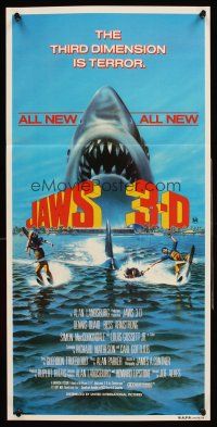 4b269 JAWS 3-D Aust daybill '83 great Gary Meyer shark artwork, the third dimension is terror!