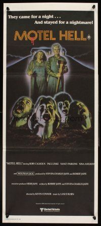 4b311 MOTEL HELL Aust daybill '80 wild horror art, they came for a night, stayed for a nightmare!