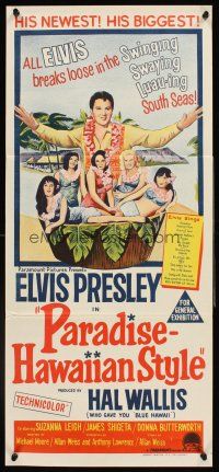 4b332 PARADISE - HAWAIIAN STYLE Aust daybill '66 stone litho of Elvis Presley& beach babes!