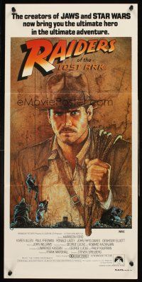 4b345 RAIDERS OF THE LOST ARK Aust daybill '81 great artwork of Harrison Ford by Richard Amsel!