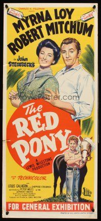 4b352 RED PONY Aust daybill '49 stone litho Robert Mitchum & Myrna Loy, written by John Steinbeck!