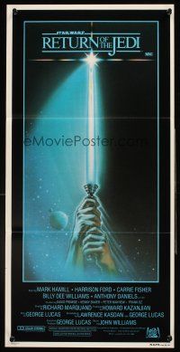 4b355 RETURN OF THE JEDI Aust daybill '83 George Lucas, best artwork of hands holding lightsaber!
