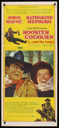 4b367 ROOSTER COGBURN Aust daybill '75 great art of John Wayne with eyepatch & Katharine Hepburn!