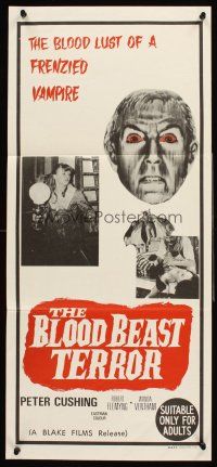 4b444 VAMPIRE-BEAST CRAVES BLOOD Aust daybill '69 frenzied vampire Peter Cushing has blood lust!