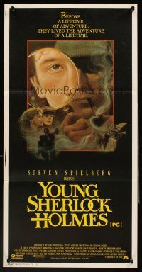4b460 YOUNG SHERLOCK HOLMES Aust daybill '85 Steven Spielberg, Nicholas Rowe, cool detective art!