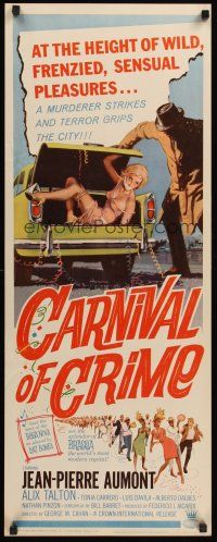 4e104 CARNIVAL OF CRIME insert '64 wild art of murderer putting tied up girl into car trunk!