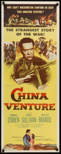 4e114 CHINA VENTURE insert '53 directed by Don Siegel, art of Edmond O'Brien with gun!